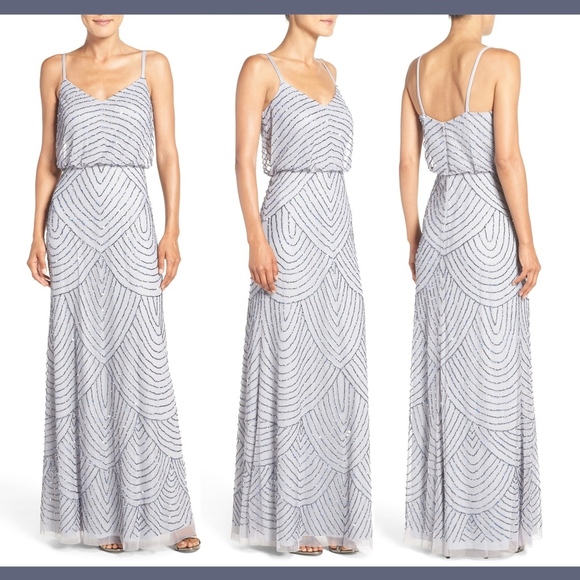 NEW Adrianna Papell Art Deco Beaded Blouson Gown in Grey/Blue [SZ 14 ]‎ - Picture 1 of 8
